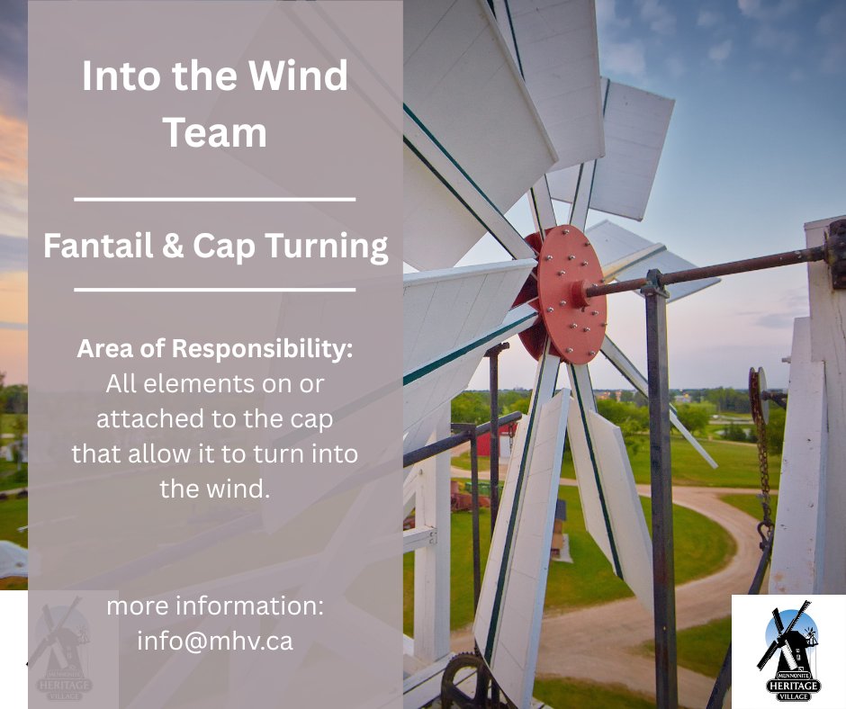The Mennonite Heritage Village Museum is looking for volunteers for the Windmill Maintenance Team, which helps keep the windmill in good working order.  

Training will be provided and no experience working with windmills is needed.    

Email info@mhv.ca for more information!