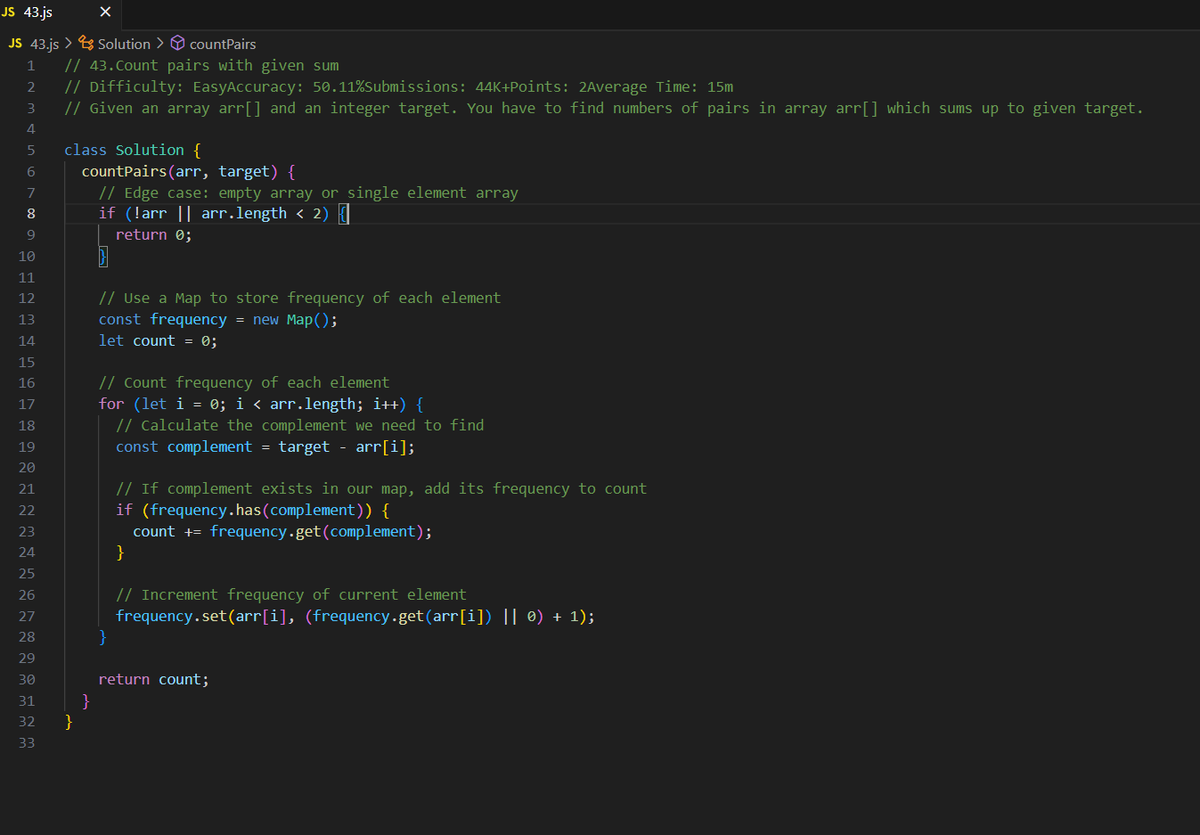 Shashank8839's tweet photo. ๐ฏ Day 43 of #geekstreak2025
๐ Cracked the classic Two Sum โ Pair with Given Sum in optimal O(n) time using Set in JavaScript! @geeksforgeeks #gfg160 #javascript #dsa #codingchallenge #twosum #set #interviewprep #leetcode #gfg #techlife #codewars #100daysofcode #devlife #js https://t.co/txvpjYCsUj
