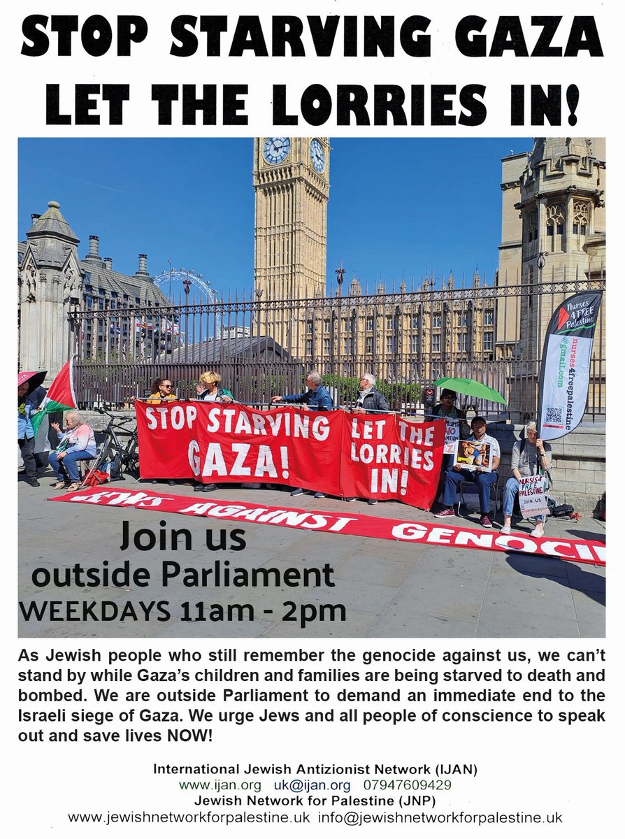 IJAN_Network's tweet photo. We continue to protest outside Parliament, weekdays from 11 am until 2pm. Contact your MP to demand that the lorries get in. The food is available but is blocked by the criminal siege of Israel. Join us! Share with your network. https://t.co/lCKTsFIwvS