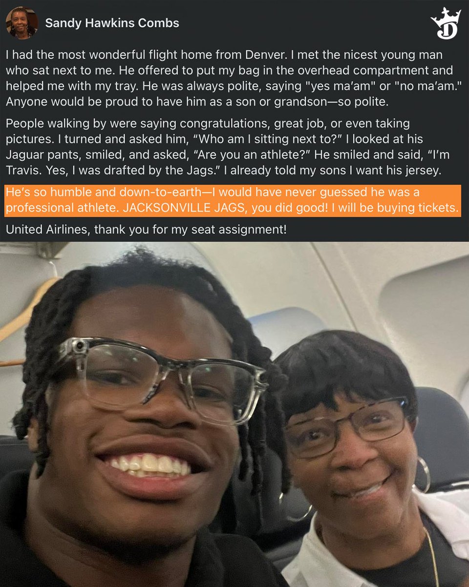 DraftKings's tweet image. Travis Hunter is all class on and off the field ๐
(h/t Sandy Hawkins Combs)