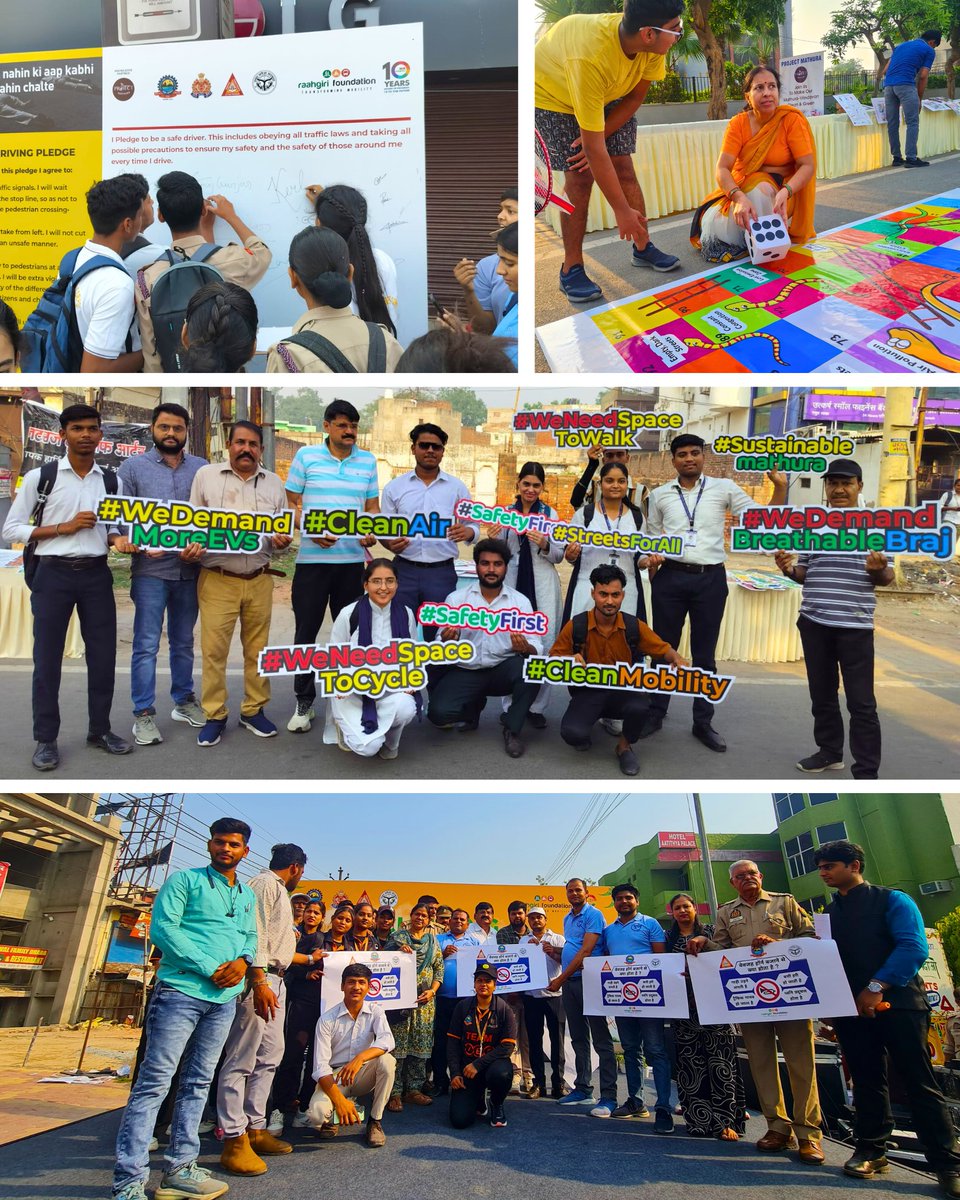 Raahgiri_Fdn's tweet photo. Mathura Streets Came Alive Again! 🚴‍♀️

After a break, #RaahgiriDay returned in #Mathura at the SBI Chauraha; and what a joyful comeback it was! 💛
Organized by us, in partnership with Nagar Nigam Mathura-Vrindavan (@NVrindavan), Uttar Pradesh Police (@Uppolice), Mathura Traffic Police (@mathurapolice), Project Mathura (@projectmathura), and the Government of Uttar Pradesh (@UPGovt), this people-first event turned the streets into a car-free, care-free celebration of life, road safety, and community.

From sunrise yoga and high-energy zumba to nukkad nataks, school competitions, street art, and games like carrom and chess, the morning was packed with purpose and fun. Over 1,000 citizens joined in, along with senior government officials, showing strong support for cleaner air and healthier, safer streets.

Raahgiri is not just an event, it’s a movement to reclaim our streets and reimagine our cities as spaces for people, not just vehicles.

#Safety I #RoadSafety I #trafficawareness I #CitiesForAll I #Raahgiri I @mathura I @WeUttarPradesh I @ABPNews I @ZeeNews I @PTI_News I @fietsprofessor I @OdishaCycling I @cyclingweekly I @RoadSafetyNGOs I @MORTHIndia I @roadsafety I @PotholeWarriors
