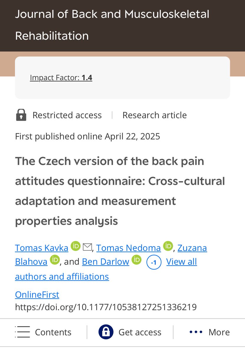 Tomas Nedoma (@kbohda) on Twitter photo 🚨 New paper out!
We validated the Czech version of the Back-PAQ.
Huge thanks to our team leader <a href="/tomaskavka_/">Tomáš Kavka</a> for making it all happen – your drive and vision made this possible! 🙌
And big thanks to <a href="/BenD_NZ/">Ben Darlow</a> for the inspiring collaboration! 👏
🔗 journals.sagepub.com/doi/10.1177/10… 🚨 New paper out!
We validated the Czech version of the Back-PAQ.
Huge thanks to our team leader <a href="/tomaskavka_/">Tomáš Kavka</a> for making it all happen – your drive and vision made this possible! 🙌
And big thanks to <a href="/BenD_NZ/">Ben Darlow</a> for the inspiring collaboration! 👏
🔗 journals.sagepub.com/doi/10.1177/10…