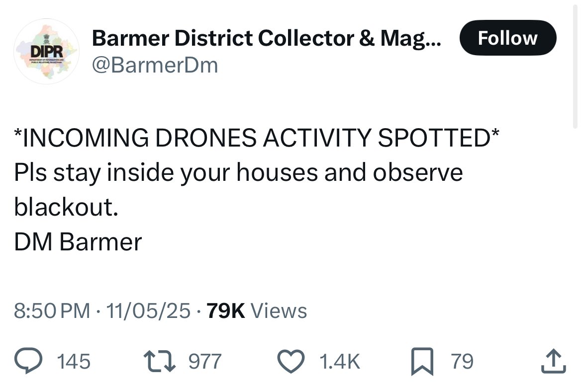 DRONES ACTIVITY SPOTTED IN BARMER 🚨 Tweet By DM Barmer

#IndianArmy #IndiaPakistanConflict #IndiaPakistanTensions #CeasefireViolation #Barmer #Rajasthan #CeaseFire