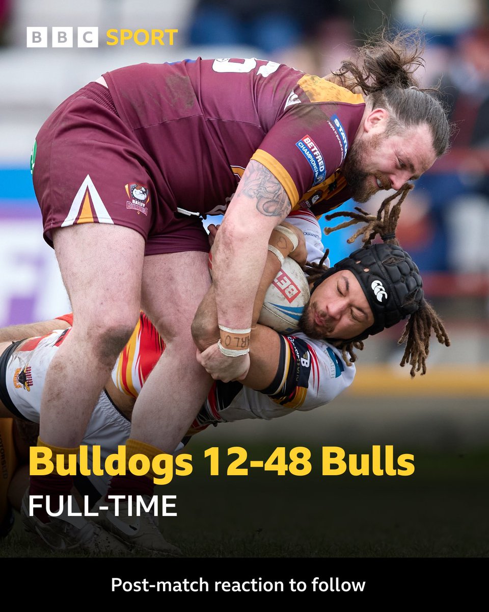 BBC Sport West Yorkshire (@bbcwys) on Twitter photo โฑ FULL-TIME!
๐ <a href="/BatleyRLFC/">Batley Bulldogs RLFC</a> 12-48 <a href="/OfficialBullsRL/">Bradford Bulls</a>
๐ Post-match reaction to follow
๐ tinyurl.com/3xtty987
#BBCRL โฑ FULL-TIME!
๐ <a href="/BatleyRLFC/">Batley Bulldogs RLFC</a> 12-48 <a href="/OfficialBullsRL/">Bradford Bulls</a>
๐ Post-match reaction to follow
๐ tinyurl.com/3xtty987
#BBCRL