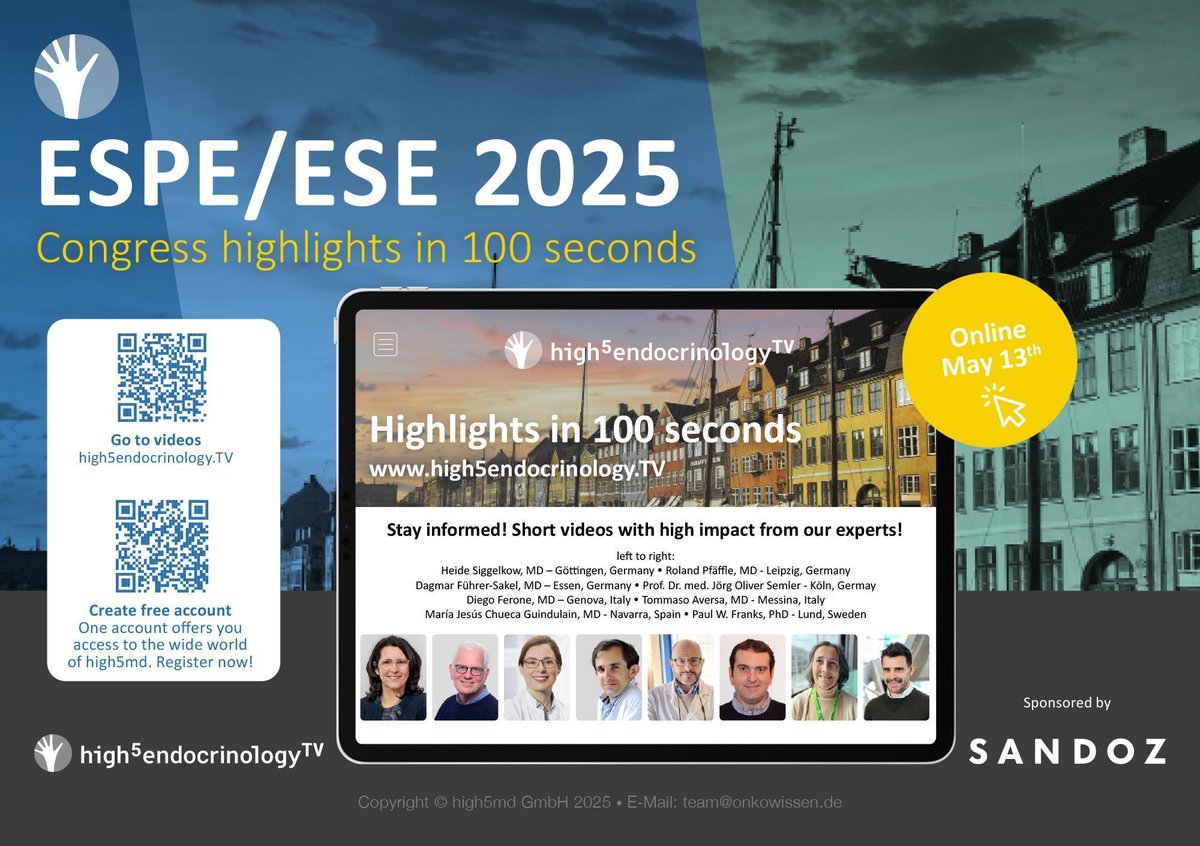 high5md's tweet image. Meet the ESE/ESPE Congress 2025 experts from our sister site high5endocrinology.TV: Heide Siggelkow, MD – Roland Pfäffle, MD – Dagmar Führer-Sakel, MD – Jörg Oliver Semler, MD – Diego Ferone, MD – Tommaso Aversa, MD – María Jesús Chueca Guindulain, MD – Paul W. Franks, PhD…
