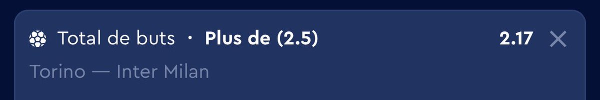TORINO - INTER : 

⚽️ PALIER 3 : Over 2.5 buts : 2.17

Si tu veux avoir les meilleures cote ça se passe en dm