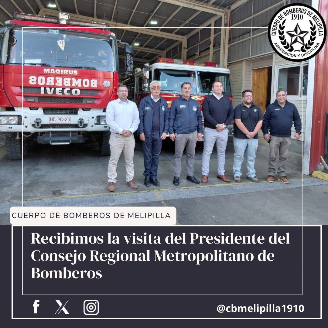 CBMelipilla1910's tweet photo. 👨🏻‍🚒👩🏻‍🚒 Este sábado recibimos la visita del Presidente del Consejo Regional Metropolitano de Superintendentes, Roberto Valenzuela, junto a Carlos Aros, integrante de la Comisión de Infraestructura. (1/3) https://t.co/KDRaXhvXGm