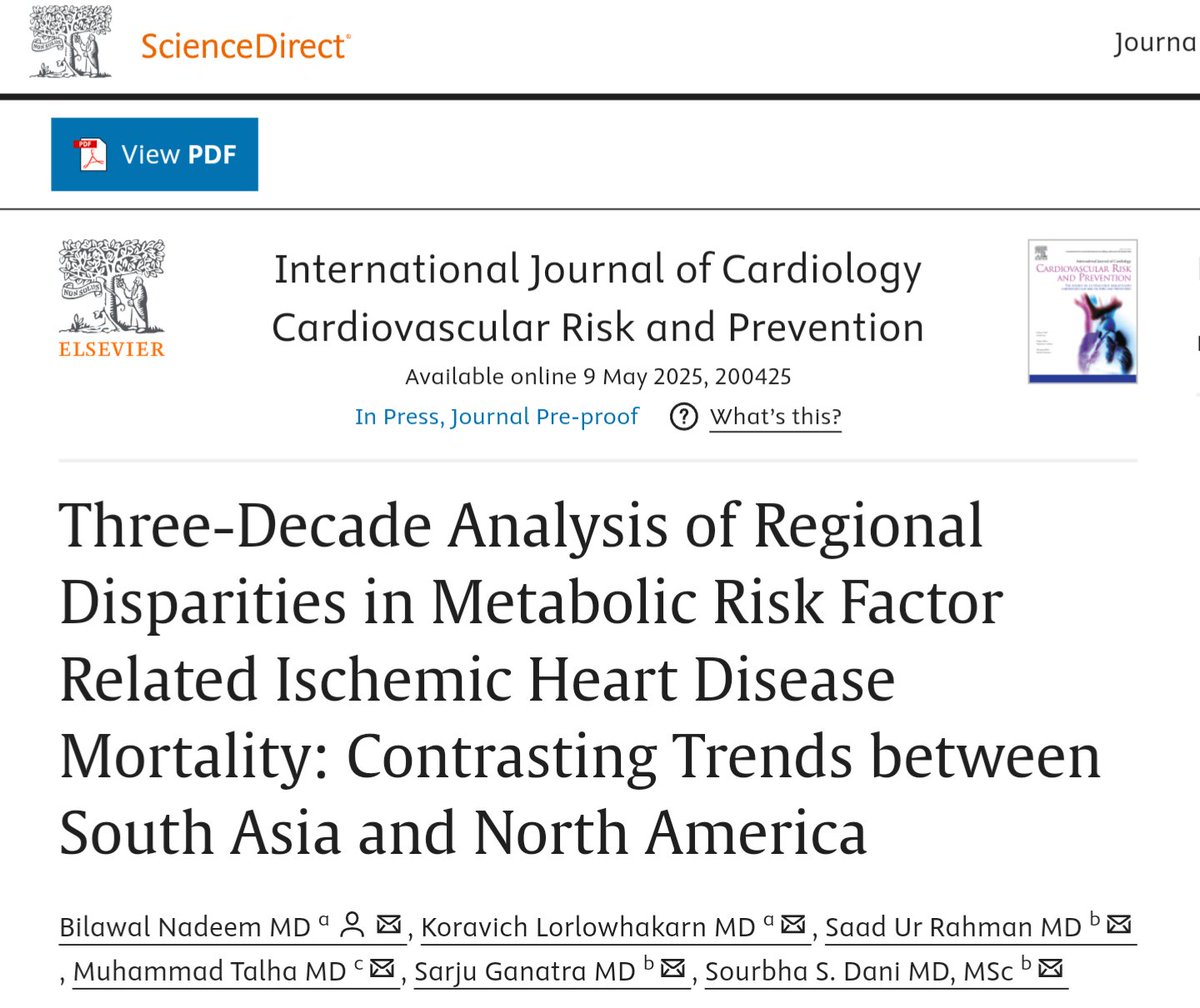 Bilawal Nadeem, MD (@b_nadeeem) on Twitter photo Our recent paper breaks down contrasting developments in metabolic risk-related IHD mortality between NA and SA, highlighting key gaps in global cardiovascular risk. Grateful to Dr. <a href="/SaurabhSDani/">Saurabh S Dani, MD, MSc</a> for the guidance!
doi.org/10.1016/j.ijcr…
#MedTwitter #CardioTwitter #PublicHealth Our recent paper breaks down contrasting developments in metabolic risk-related IHD mortality between NA and SA, highlighting key gaps in global cardiovascular risk. Grateful to Dr. <a href="/SaurabhSDani/">Saurabh S Dani, MD, MSc</a> for the guidance!
doi.org/10.1016/j.ijcr…
#MedTwitter #CardioTwitter #PublicHealth
