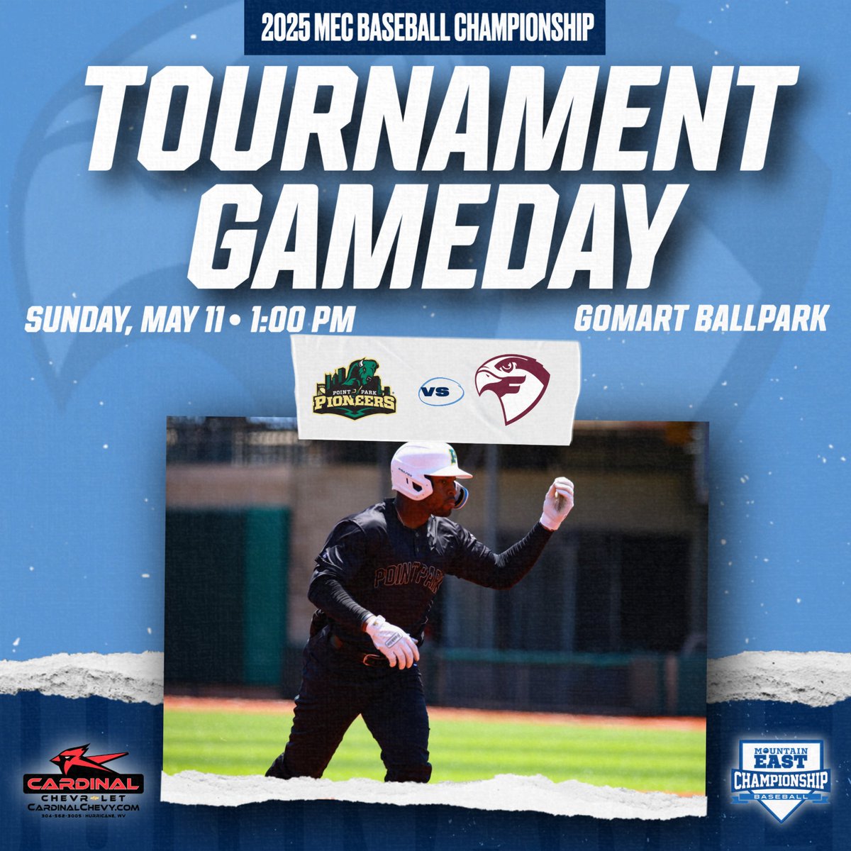 𝘾𝙃𝘼𝙈𝙋𝙄𝙊𝙉𝙎𝙃𝙄𝙋 𝙎𝙐𝙉𝘿𝘼𝙔

🏆 Point Park vs. Fairmont State 
⌚️ 1:00 PM
📍 GoMart Ballpark, Charleston
🎟️ bit.ly/MECBaseballTic…
⚾️ bit.ly/MECBaseball