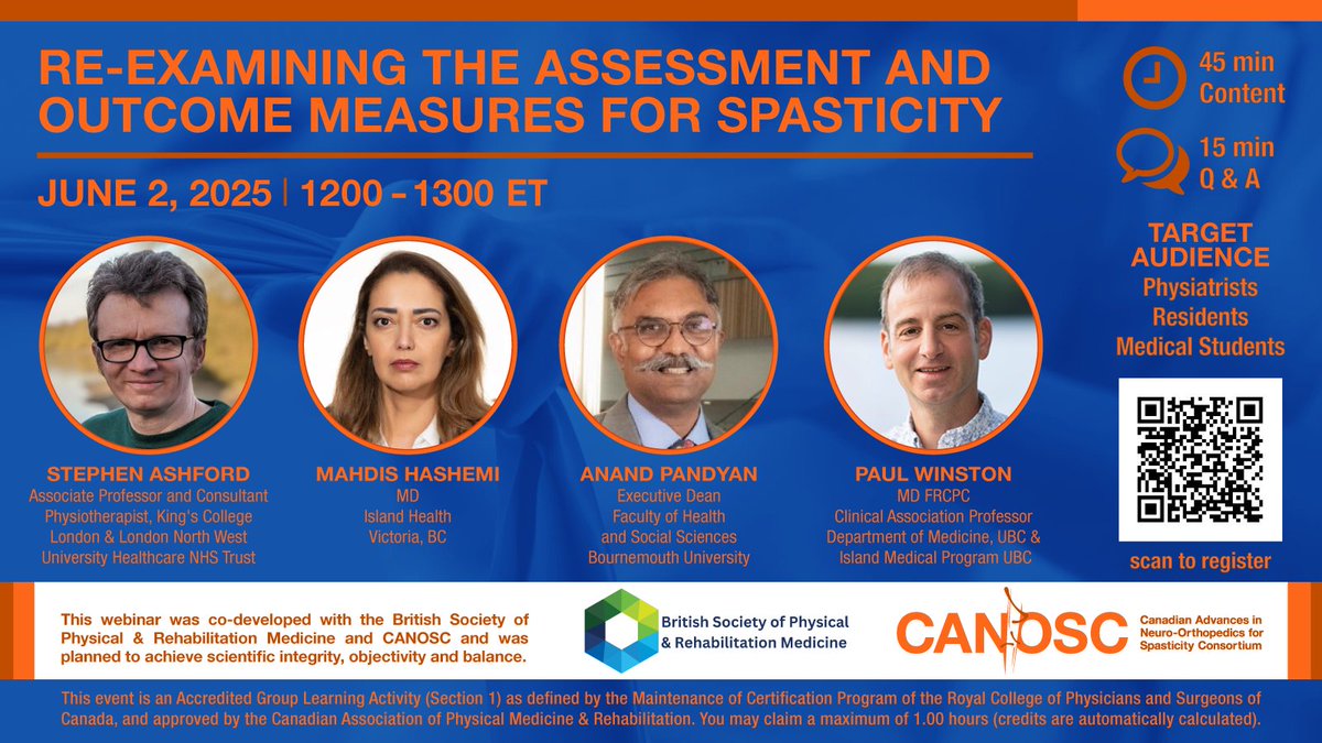 British Society of Physical & Rehab Medicine (@bsprm_uk) on Twitter photo 📢 Free webinar: Re-examining the Assessment & Outcome Measures for Spasticity
🗓️ 2 June 2025, 🕑 5-6pm BST
👥 For Physiatrists, Physios, OTs, Neurologists, Surgeons, Trainees, Med Students
🔗 Register: us02web.zoom.us/webinar/regist…
<a href="/StephenAshford3/">Stephen Ashford</a>, <a href="/AnandDPandyan/">Prof Anand Pandyan</a>, <a href="/drpaulwinston/">Paul Winston MD - Restoring Movement is the goal.</a> 📢 Free webinar: Re-examining the Assessment & Outcome Measures for Spasticity
🗓️ 2 June 2025, 🕑 5-6pm BST
👥 For Physiatrists, Physios, OTs, Neurologists, Surgeons, Trainees, Med Students
🔗 Register: us02web.zoom.us/webinar/regist…
<a href="/StephenAshford3/">Stephen Ashford</a>, <a href="/AnandDPandyan/">Prof Anand Pandyan</a>, <a href="/drpaulwinston/">Paul Winston MD - Restoring Movement is the goal.</a>