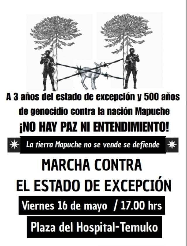 Taimante (@taimante) on Twitter photo FEWLA WALMAPU
CONVOCATORIA MARCHA TEMUCO / 16 de Mayo 2025.
"Llamado urgente a retomar la protesta social a "3 años del estado de excepción y militarizacion de nuestro territorio, NI PAZ, NI ENTENDIMIENTO, la tierra mapuche no se vende se defiende.
Enviado a <a href="/RadioKurruf/">Radio Kurruf</a> FEWLA WALMAPU
CONVOCATORIA MARCHA TEMUCO / 16 de Mayo 2025.
"Llamado urgente a retomar la protesta social a "3 años del estado de excepción y militarizacion de nuestro territorio, NI PAZ, NI ENTENDIMIENTO, la tierra mapuche no se vende se defiende.
Enviado a <a href="/RadioKurruf/">Radio Kurruf</a>