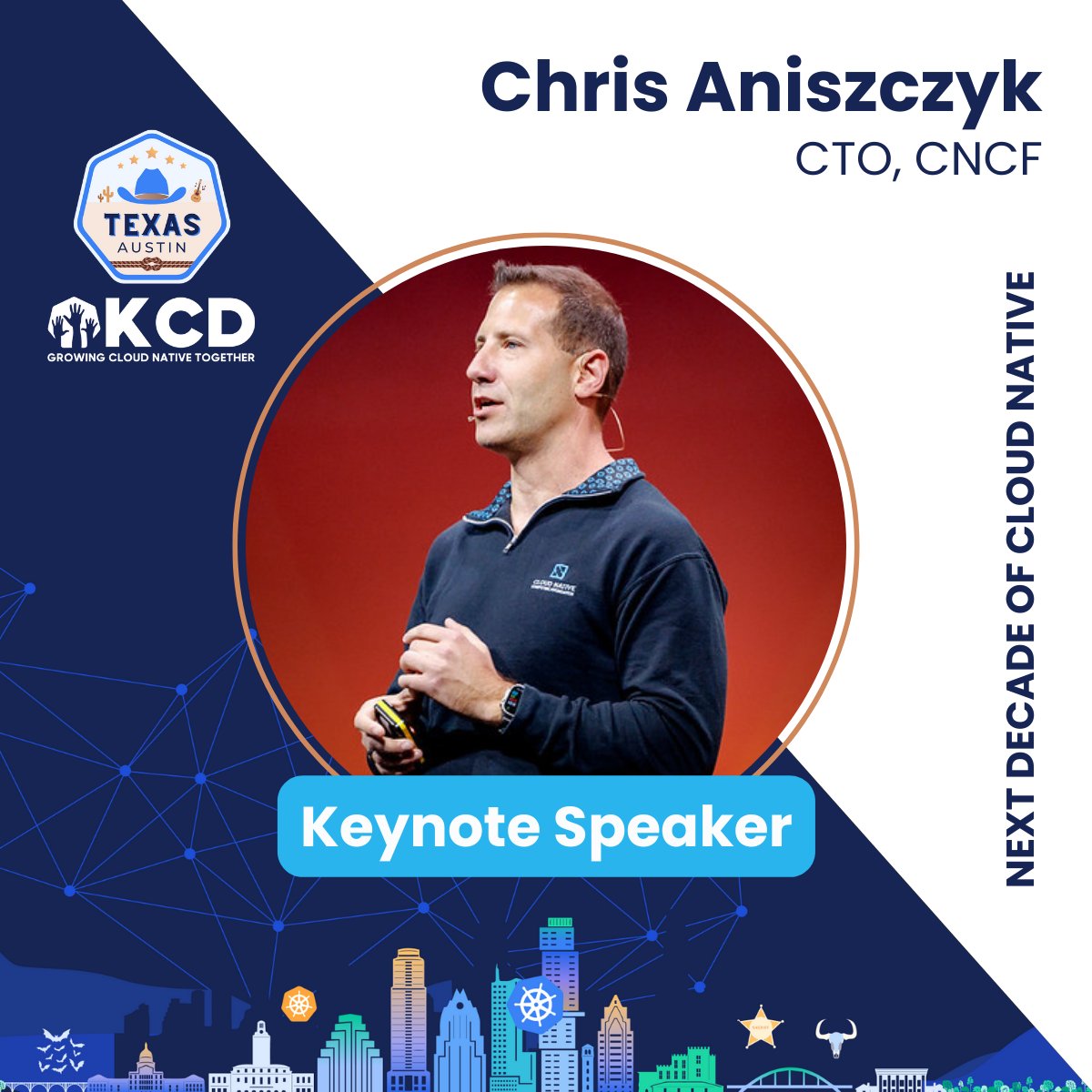 🚨 <a href="/cra/">Chris Aniszczyk (@cra@macaw.social)</a> , CTO of the <a href="/CloudNativeFdn/">CNCF</a> , is kicking off our event as we reflect on the last decade of #Kubernetes and #cloudnative ! 

Chris will share his vision for the future.This is a session you won't want to miss! May 15th!

🎟️ kcdtexas.org