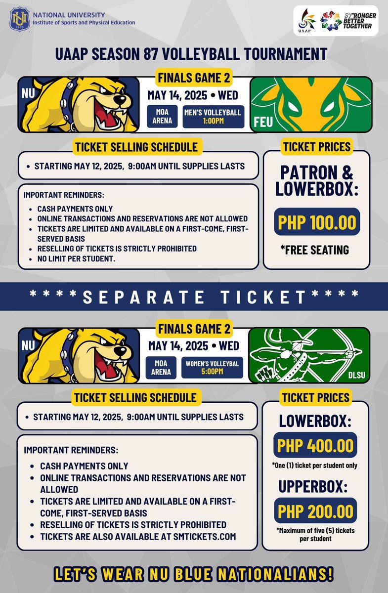 TNUForum's tweet photo. Letโs fill the MOA Arena with a sea of navy blue on Wednesday. Grab your tickets starting 9am today. #GoBulldogs #NULetsGo ๐ https://t.co/zlynIm8Hug