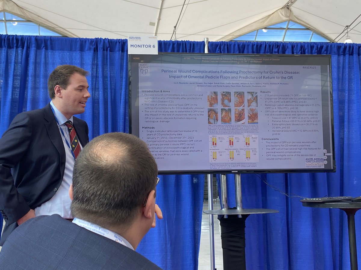 Nicholas McKenna (@npmckenna) on Twitter photo <a href="/MayoClinicSurg/">Mayo Clinic Department of Surgery</a> International Colorectal Surgery Fellow presenting on perineal wound complications after proctectomy in Crohn’s disease at #ASCRS25. Paper in <a href="/JournalofGISurg/">JOGS</a> here: sciencedirect.com/science/articl… <a href="/DrDavidLarson/">David Larson, MD MBA</a> <a href="/MayoClinicSurg/">Mayo Clinic Department of Surgery</a> International Colorectal Surgery Fellow presenting on perineal wound complications after proctectomy in Crohn’s disease at #ASCRS25. Paper in <a href="/JournalofGISurg/">JOGS</a> here: sciencedirect.com/science/articl… <a href="/DrDavidLarson/">David Larson, MD MBA</a>