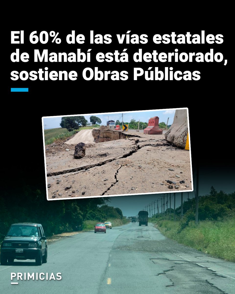 En Manabí solo dos vías estatales fueron calificadas en buen estado, las demás están deterioradas. Según el Ministerio de Transporte, hay entre 20 y 30 puntos críticos, que se han visto agravados por el impacto de las lluvias. prim.ec/LOs350VQwPC