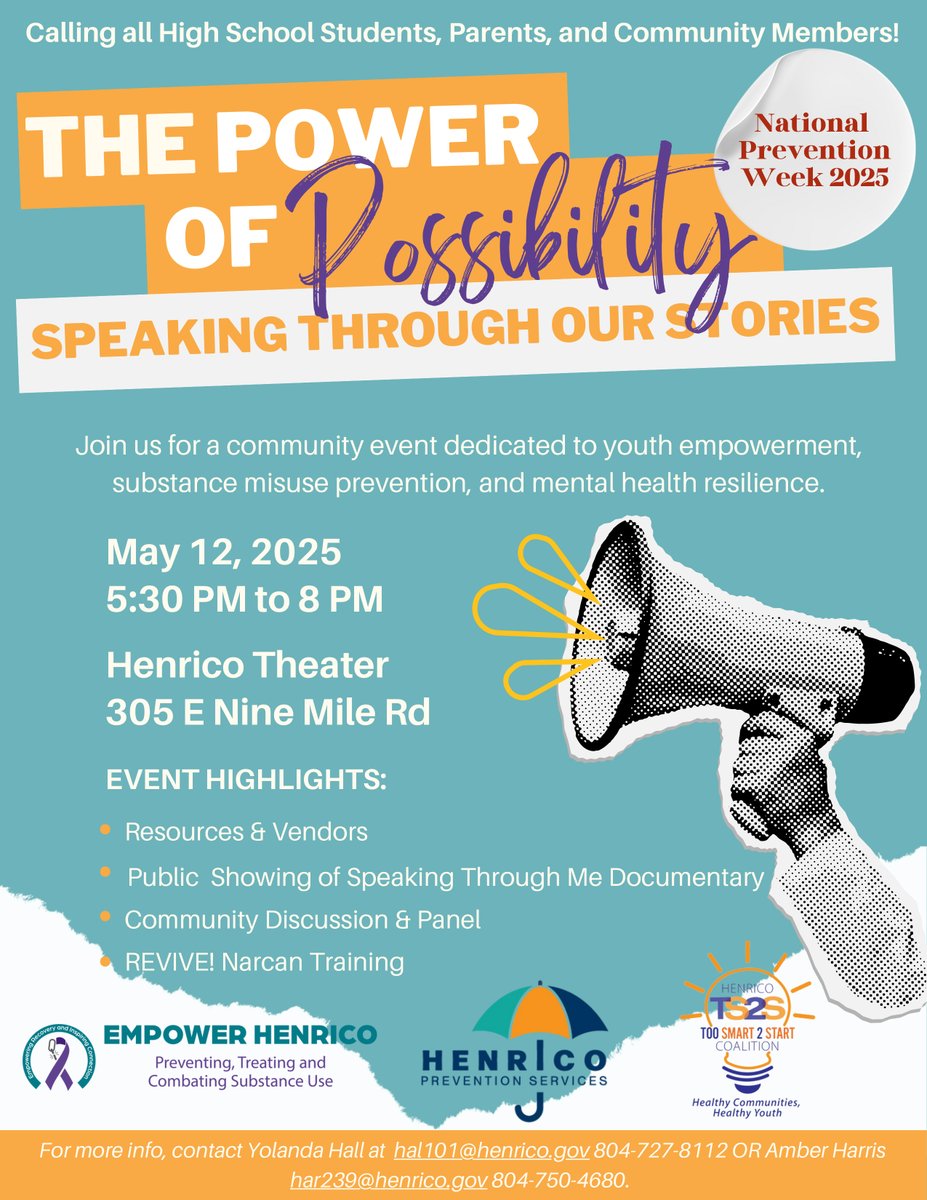 Join us for a community event dedicated to youth empowerment, substance misuse prevention and mental health resilience during #NationalPreventionWeek! 🙌

Come to "The Power of Possibility: Speaking Through Our Stories," Monday at 5:30 p.m. at the Henrico Theater. @henriconews