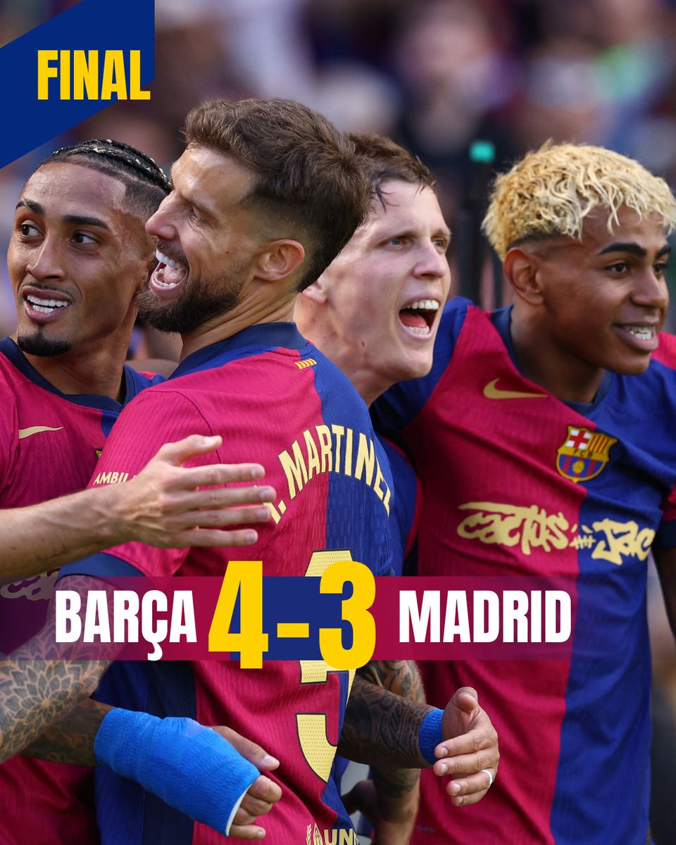 LaTdT's tweet photo. 🥳 FINAL | VICTÒRIA BLAUGRANA!

L'àrbitre ha anul·lat el 5è del Barça a l'últim moment, però avui hem tornat a fer 4 gols al Madrid, la quarta victòria aquesta temporada. 7 punts més quan en falten 9 per disputar-se! Avui guanyar significa començar a signar el campionat! https://t.co/KAuyah8ZAn