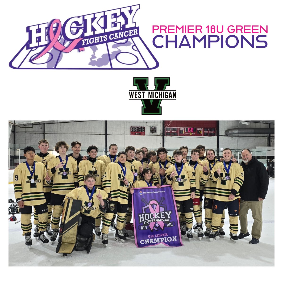 WestMIVarsity's tweet photo. Say hello 👋🏻 to the Champions! WMV Premier 16U Green bringing home the banner!
. . . 
#HockeyFightsCancer #WestMichiganVarsity #EliteAmateurSports #GameOn #PlayForACause https://t.co/5jUP19Wpam