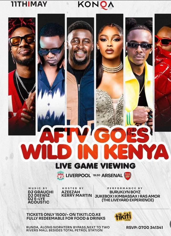 AFTV is in Kenya for a special live Arsenal vs Liverpool watch party today at Konqa254 near Two Rivers Mall. Hosted by Robbie Lyle, the event kicks off at 4 PM with big-screen viewing, live music, and great food, including nyama choma. 
#TwendeKonqaRuaka 
#AFTVgoeswildAtKonqa
