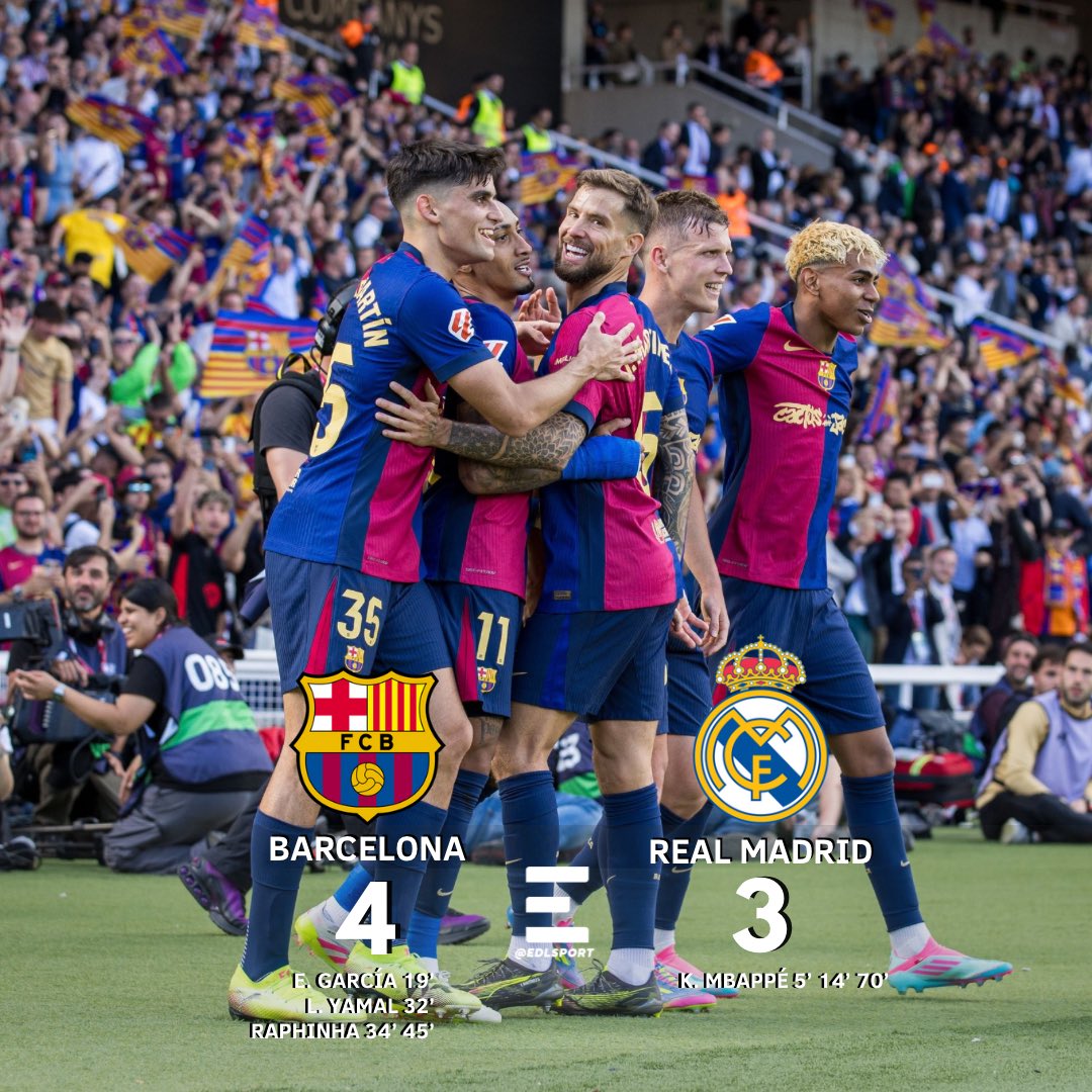 ¡MÁS CERCA DEL TÍTULO!⚽️🔥

Barcelona derrotó al Real Madrid y se pone a 7 puntos de ventaja, en la pelea por la Liga de España.🇪🇸 

El Barcelona con empatar la próxima jornada estaría asegurando el título.

#EDLSport #Barcelona #RealMadrid #Clasico