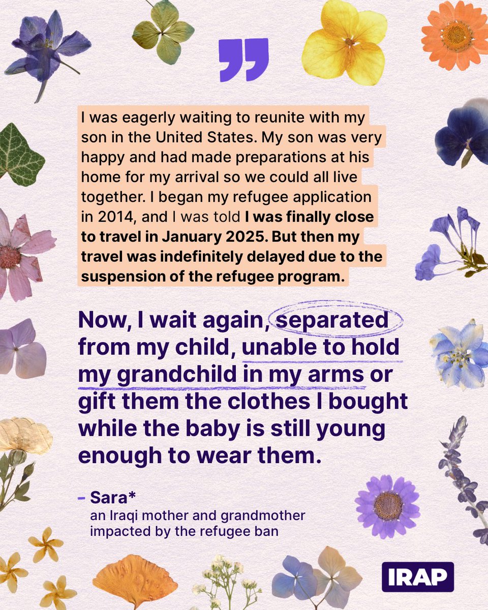 Sara* applied for refuge in 2014. This year she was on the verge of reuniting with her son &amp; grandchild — until the #RefugeeBan upended their lives. She should be safe at home with her family this #MothersDay.

We’ll keep fighting so families like Sara’s can be together &amp; safe.