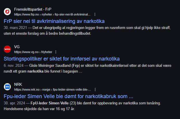 Googlet "Frp narkotika" og resulatet skuffet ikke