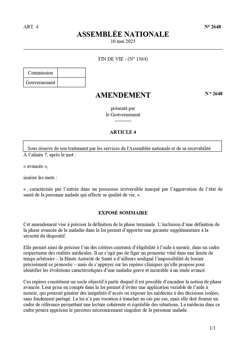 Et voilà l'amendement du gouvernement intégrant l'avis de la HAS.   En pratique, cela signifie que l'euthanasie concernera des personnes dont l'espérance de vie se compte en mois voire en années. L'"entrée dans un processus irréversible", cela peut se produire dès le diagnostic.