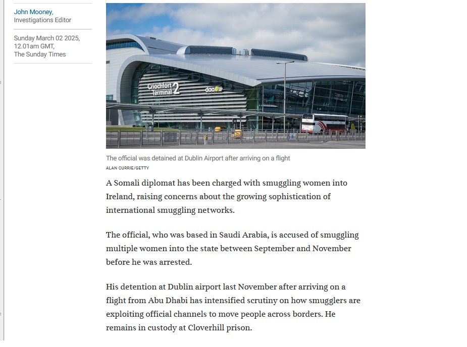 nwl88444048's tweet image. Five months since a Saudi Arabia-based Somalia diplomat was arrested at Dublin Airport last November on suspicion of people trafficking.

Still not named? Is he still in custody in Cloverhill jail (as he was two months ago when the Sunday Times belatedly reported the matter)
