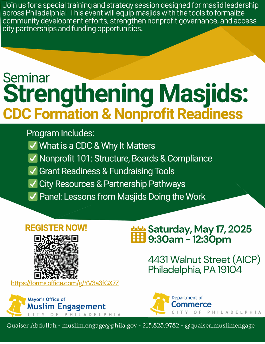 Masjid leaders: It’s time to level up.
Join us May 10 for a seminar on CDC formation &amp; nonprofit readiness.
Learn how to build strong governance, apply for funding, and scale your impact.

4431 Walnut St | 9:30 AM – 12:30 PM
muslim-engage-philly.odoo.com/r/mv7
#StrongerMasjids