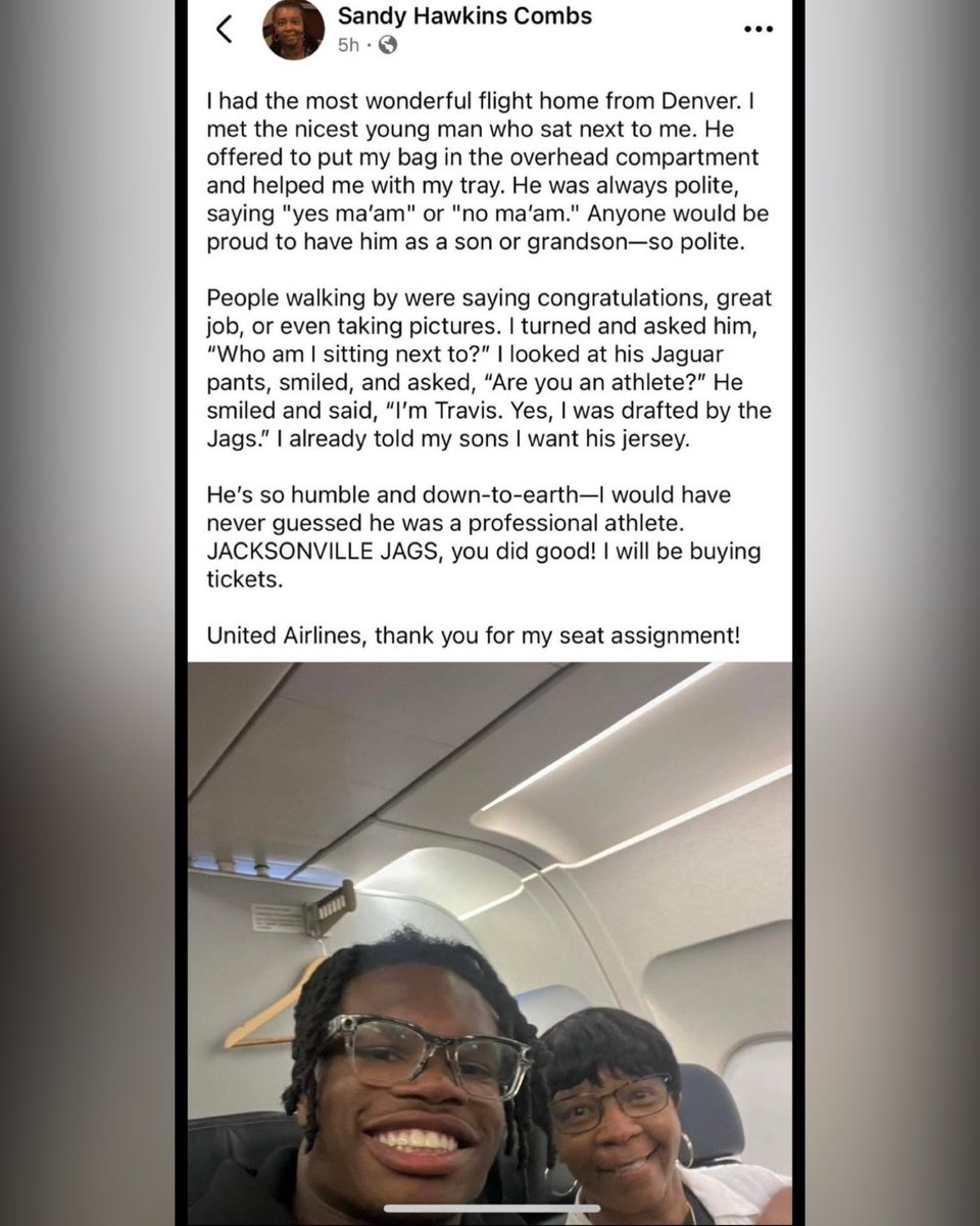 jasrifootball's tweet image. ๐ง๐ฅ๐๐ก๐๐๐ก๐: A woman sat next to Travis Hunter on a plane, not knowing he was a famous athlete, and she had nothing but nice things to say about him.
โI had the most wonderful flight home from Denver. I met the nicest young man who sat next to me. He offered to put my bagโฆ
