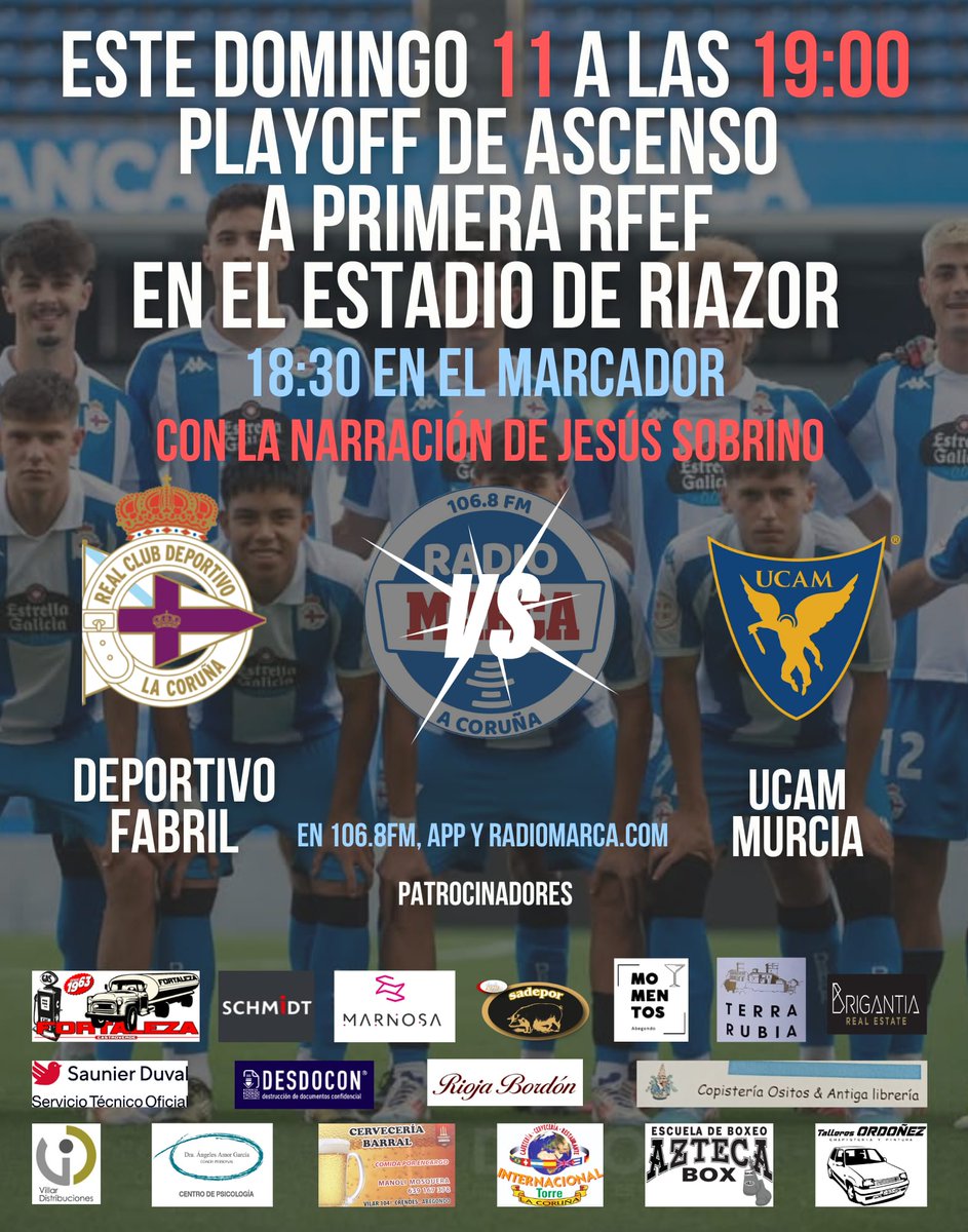 Cerramos el finde con el <a href="/DeporCanteira/">Dépor Canteira</a> <a href="/UCAMMurciaCF/">UCAM Murcia CF</a> desde Riazor. 

<a href="/JesusSobrinoGos/">Jesús Sobrino</a> 
<a href="/pelicantona/">JAS</a> 
<a href="/rubengarciado/">Rubén García</a> 
Xoán Alberte

106.8 FM, app y web