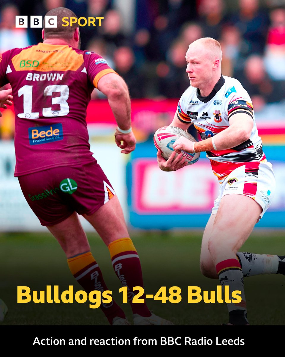 BBC Sport West Yorkshire (@bbcwys) on Twitter photo ๐ Bulldogs 12-48 Bulls
๐ Action highlights and post-match reaction from coaches Brian Noble & Mark Moxon as <a href="/OfficialBullsRL/">Bradford Bulls</a> record fifth straight Championship win with emphatic victory at West Yorkshire rivals <a href="/BatleyRLFC/">Batley Bulldogs RLFC</a>.
๐ง tinyurl.com/5n76vvd3
#BBCRL ๐ Bulldogs 12-48 Bulls
๐ Action highlights and post-match reaction from coaches Brian Noble & Mark Moxon as <a href="/OfficialBullsRL/">Bradford Bulls</a> record fifth straight Championship win with emphatic victory at West Yorkshire rivals <a href="/BatleyRLFC/">Batley Bulldogs RLFC</a>.
๐ง tinyurl.com/5n76vvd3
#BBCRL