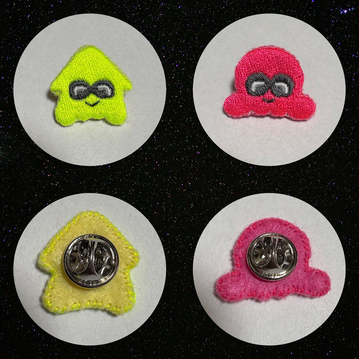 2929_hrm's tweet photo. 5/18のインテに持っていく刺繍ピンバッジこんな感じです
2×2センチのイカタコちゃん
色違いも制作中🪡…
全て手縫いなので個体差あります
ぜひ手に取って見てってください👀 https://t.co/9P5JhUj6f6