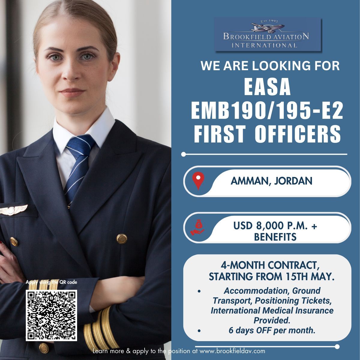 Brookfield_AV's tweet photo. APPLY HERE: 
https://t.co/TFbtklVtuA

We are looking for EASA EMB190-195 E2 First Officers, to join our client Royal Jordanian Airlines for a 4-month contract. USD 8,000 NET per month + benefits, accommodation, positioning tickets, ground transport and medical insurance. https://t.co/40LtRk9vaF
