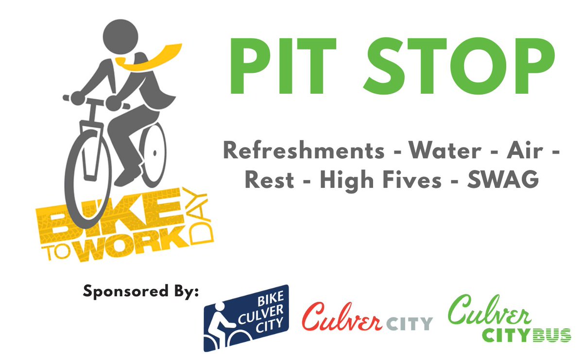 It is FINALLY Bike Week and May 15th is Bike to Work Day! 🚲

Ride Culver CityBus FREE with your bike or helmet on May 15th.

Stop by our Bike to Work Pit Stops on May 15th for SWAG, refreshments, and high fives! 💚

More info &amp; biking tips: culvercitybus.com/Rider-Informat…