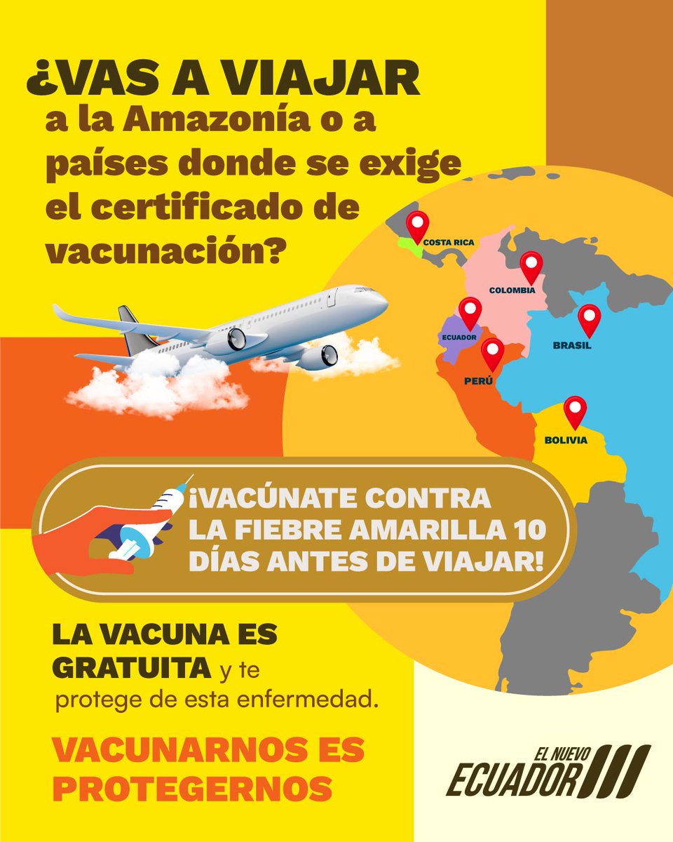 Si vas a viajar a la Amazonía o a un país endémico, recuerda que debes estar vacunado contra la Fiebre Amarilla.

Vacúnate 10 días antes de tu partida.

LAS VACUNAS SON GRATUITAS 💉

#ElNuevoEcuador 🇪🇨