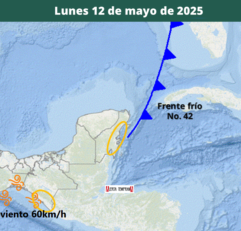 AlertaGt502's tweet photo. 🇬🇹📝Pronóstico del Tiempo para el lunes 12 de mayo
✅Cola del #FrenteFrio42 mantiene lluvias de fuertes a intensas sobre el Norte, Caribe, Franja Transversal del Norte y BocaCosta, vientos arrachados de componente NORTE de hasta 60km/h y ambiente muy fresco
#ClimaGt #TraficoGt https://t.co/tCmh6M0O27