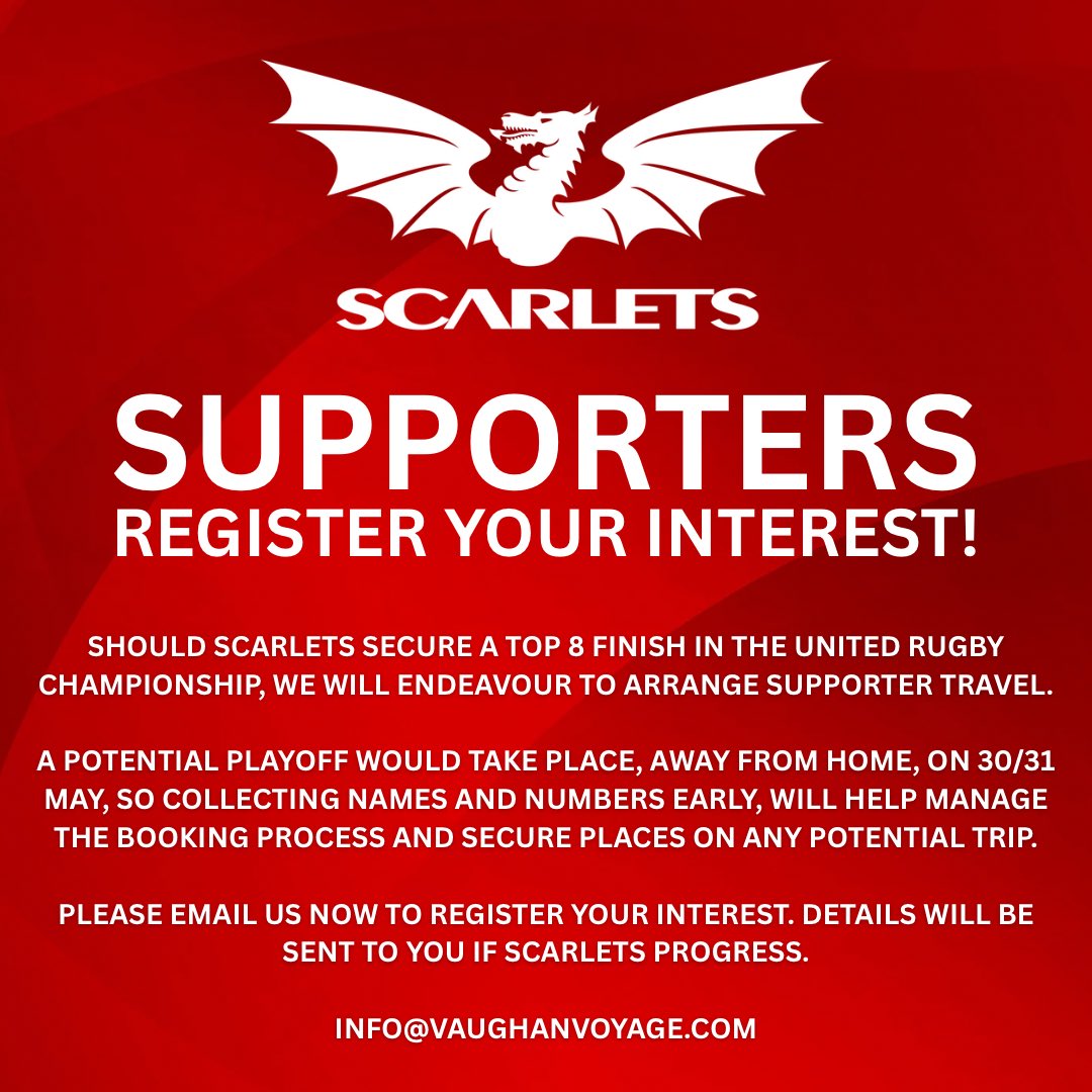 What a fantastic bonus point win for <a href="/scarlets_rugby/">Scarlets Rugby</a> in Johannesburg!

We have dared to dream ahead of Saturday’s last regular season game against The Sharks (we like to be organised).😉🙏

📧 info@vaughanvoyage.com