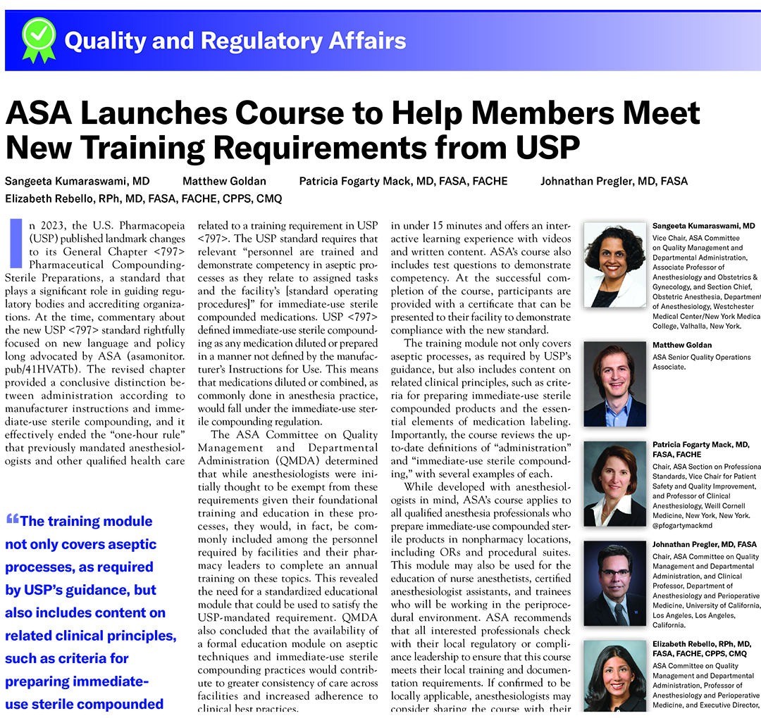 ASA Monitor (@asamonitor) on Twitter photo In February 2025, ASA launched Immediate-Use Sterile Compounding: USP 797 Compliance Training as a free, non-CME course for ASA members.
Learn about ASA’s new course: ✅ow.ly/Qcgp50VJX7F
<a href="/pfogartymackmd/">Patricia Fogarty Mack</a> <a href="/ERebelloMD/">Elizabeth Rebello, MD, FASA</a> #PatientSafety In February 2025, ASA launched Immediate-Use Sterile Compounding: USP 797 Compliance Training as a free, non-CME course for ASA members.
Learn about ASA’s new course: ✅ow.ly/Qcgp50VJX7F
<a href="/pfogartymackmd/">Patricia Fogarty Mack</a> <a href="/ERebelloMD/">Elizabeth Rebello, MD, FASA</a> #PatientSafety