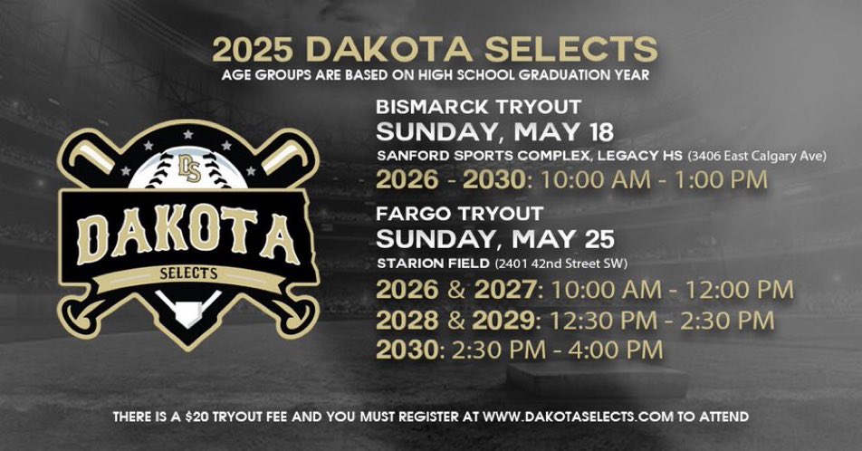 Tryouts kick off a week away with the first stop in Bismarck. Good luck to all players. Haven’t signed up yet? Click here to register 

dakota-selects.sportngin.com/register/form/