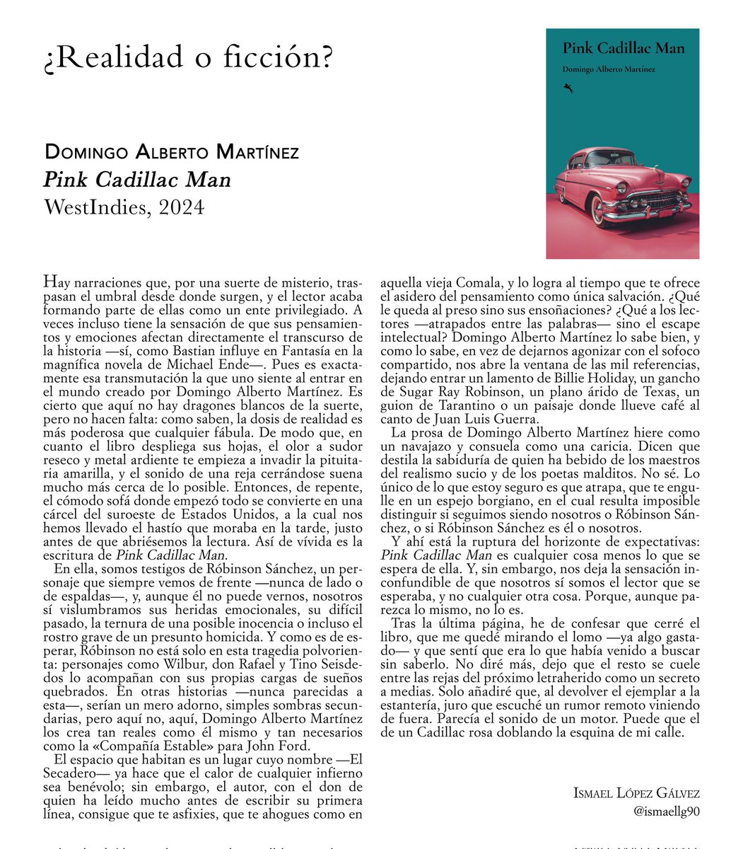 { 🅰️ℓbєяτσ } 🪬 (@domingoalbmtnez) on Twitter photo Que no se os pasen las buenas reseñas de #PinkCadillacMan, premio «Alfonso Sancho» del <a href="/AytoJaen/">Ayuntamiento de Jaén</a> y finalista del «Fernando Marías» a mejor novela de 2024, entre otros premios 🏆 Las últimas, las de mis queridos <a href="/Ismaellg90/">Ismael López Gálvez</a> y <a href="/ManuelGarciaOr/">Manuel Garcia</a> en <a href="/mundiario/">MUNDIARIO</a>
mundiario.com/articulo/cultu… Que no se os pasen las buenas reseñas de #PinkCadillacMan, premio «Alfonso Sancho» del <a href="/AytoJaen/">Ayuntamiento de Jaén</a> y finalista del «Fernando Marías» a mejor novela de 2024, entre otros premios 🏆 Las últimas, las de mis queridos <a href="/Ismaellg90/">Ismael López Gálvez</a> y <a href="/ManuelGarciaOr/">Manuel Garcia</a> en <a href="/mundiario/">MUNDIARIO</a>
mundiario.com/articulo/cultu…