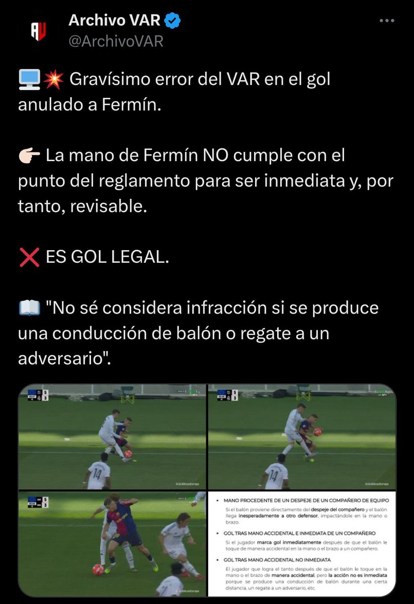 adriiiperezzz (@_xplot) on Twitter photo <a href="/ArchivoVAR/">Archivo VAR</a> Aquí está la jugada más grave de todas.
El VAR se salta la normativa para anular un gol al Barça, entrando en una jugada que por reglamento no pueden hacerlo, como pasó con De Paul en el Atleti Barça y fue gol.
Son muchas jugadas decisivas a favor del Madrid.
Para investigarlo <a href="/ArchivoVAR/">Archivo VAR</a> Aquí está la jugada más grave de todas.
El VAR se salta la normativa para anular un gol al Barça, entrando en una jugada que por reglamento no pueden hacerlo, como pasó con De Paul en el Atleti Barça y fue gol.
Son muchas jugadas decisivas a favor del Madrid.
Para investigarlo