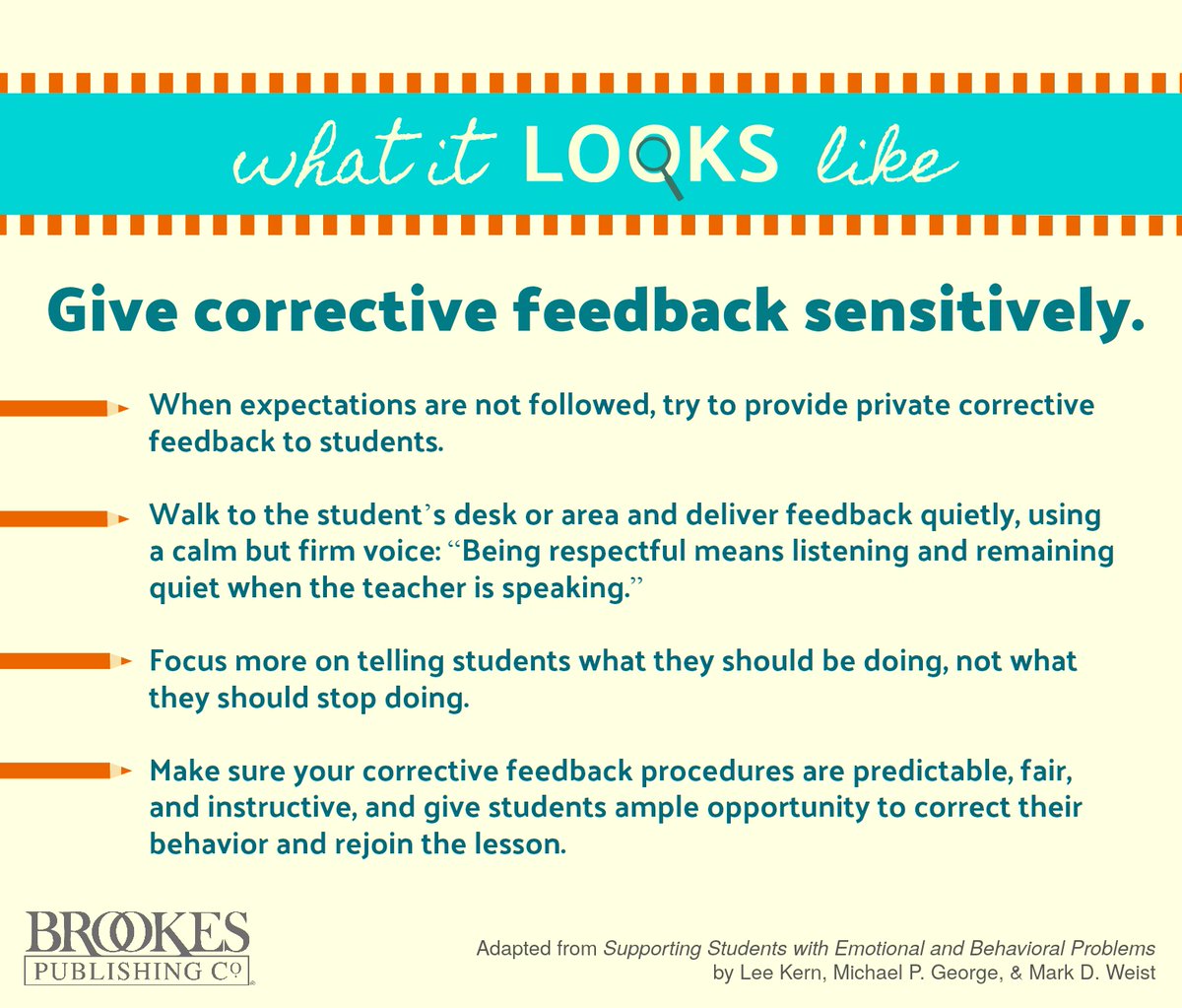 BrookesPubCo's tweet image. A few tips on delivering corrective feedback sensitively in the classroom. (Get more #PositiveBehaviorSupport tips here: ecs.page.link/NEnn9) #PBIS #TeachingTips #k12