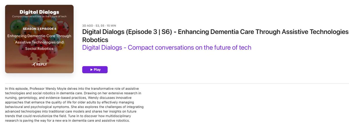 Griffith University Nursing & Midwifery (@griffithnursing) on Twitter photo 🎙️Presentation Alert 🎙️
Listen to Prof <a href="/WendyMoyle2/">Wendy Moyle 💉💉💉💉</a> explain how assistive technologies and social robots are reshaping dementia care 🧠
🎧 Listen now:
podcasts.apple.com/us/podcast/dig… 🎙️Presentation Alert 🎙️
Listen to Prof <a href="/WendyMoyle2/">Wendy Moyle 💉💉💉💉</a> explain how assistive technologies and social robots are reshaping dementia care 🧠
🎧 Listen now:
podcasts.apple.com/us/podcast/dig…