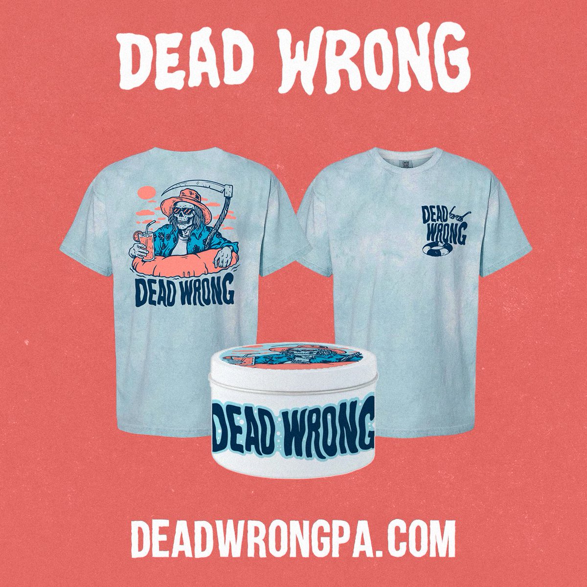 Excited to announce our exclusive Swim Reaper merch drop for the summer! Come grab these at our <a href="/kungfunecktie/">Kung Fu Necktie</a> gig this Friday 5/16 or online at deadwrongpa.com. We’ve also restocked sizes of previous designs. ✌️💀☀️