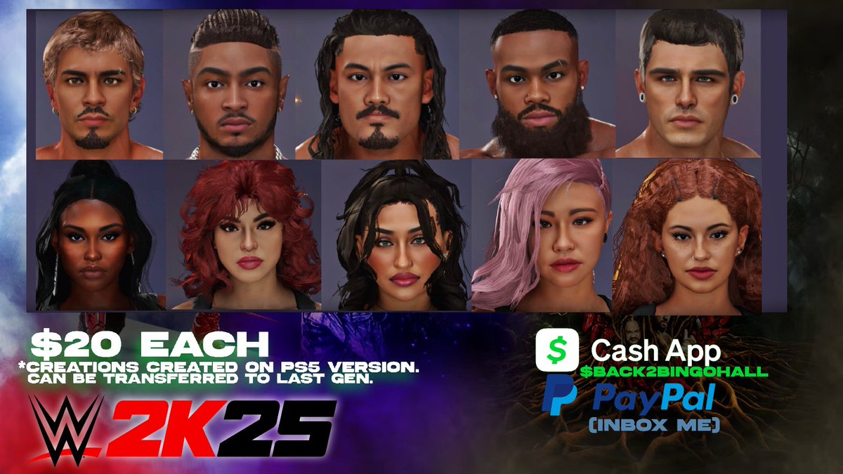 Okay yall asked nicely. Welcome to the first CAW Base Pack of #WWE2K25! Each CAW base is premade ready and set at a cost of $20. If you are interested and on last gen, these bases can be moved to the last gen version of the game. Inbox me for more info!