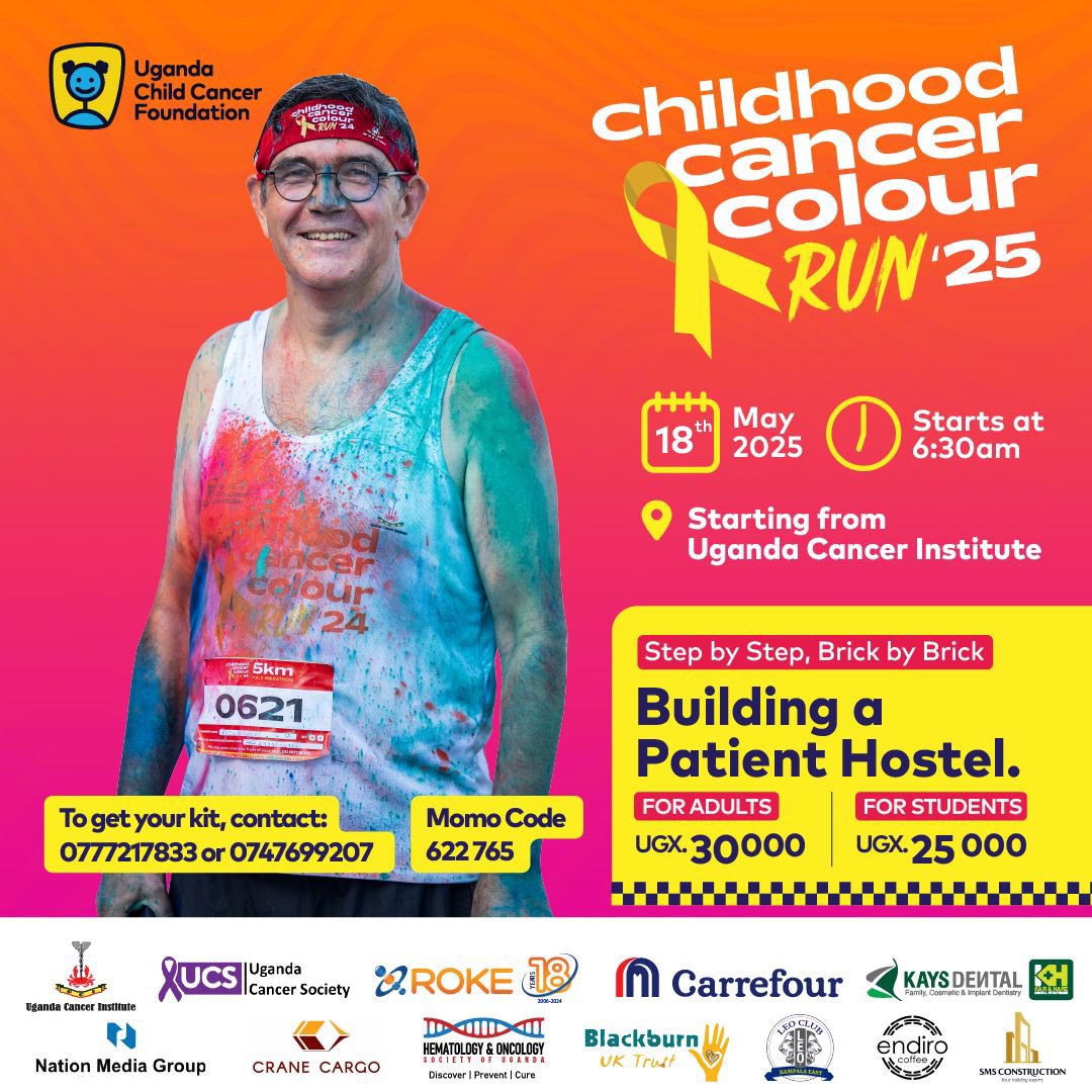 🎗️🏃‍♀️ Run. Splash. Shelter Hope. 🏠
Join us this 18th May 2025 for the Childhood Cancer Colour Run by Uganda Child Cancer Foundation! <a href="/UCCF_Official/">Uganda Child Cancer Foundation</a> 
Every step you take helps build a hostel for children fighting cancer — a safe place close to care, far from fear. 💛
#ColourRunUG