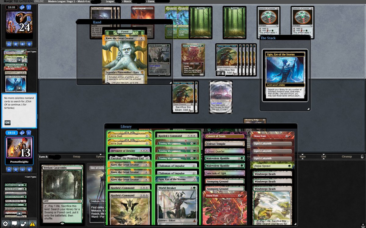 DeltaMoth's tweet image. Controlled their turn with Emrakul and used their Ugin ult to exile half their deck LOL