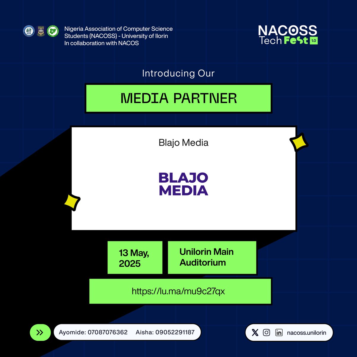 NACOSS_UIL's tweet image. Excited to announce @blajomedia as our Media Partner for #NACOSSTechFest1_0!
Blajo Media brings stories to life through compelling visuals and expert video production, helping brands and individuals share their journeys.
Capturing moments, creating memories.
#Blajomedia #TechFest