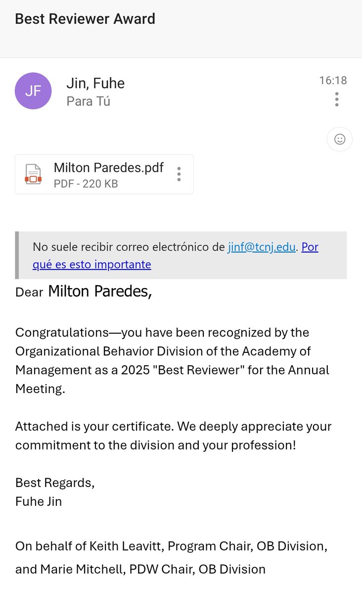 mparedes_a's tweet photo. 🚀 Honored to be named a 2025 "Best Reviewer" by @AcademyMgmt’s OB Division!

Grateful to contribute to the field &amp; work alongside inspiring scholars. #AOM2025 #PeerReview https://t.co/uH9mOlIU23